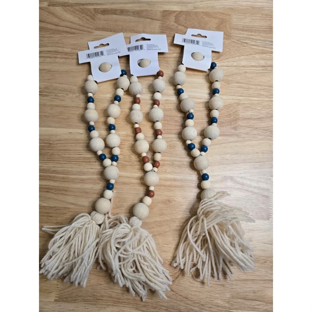 Perfect Harvest Wood Decor Beads Farmhouse Garland Blue Orange Tassel Set of 3